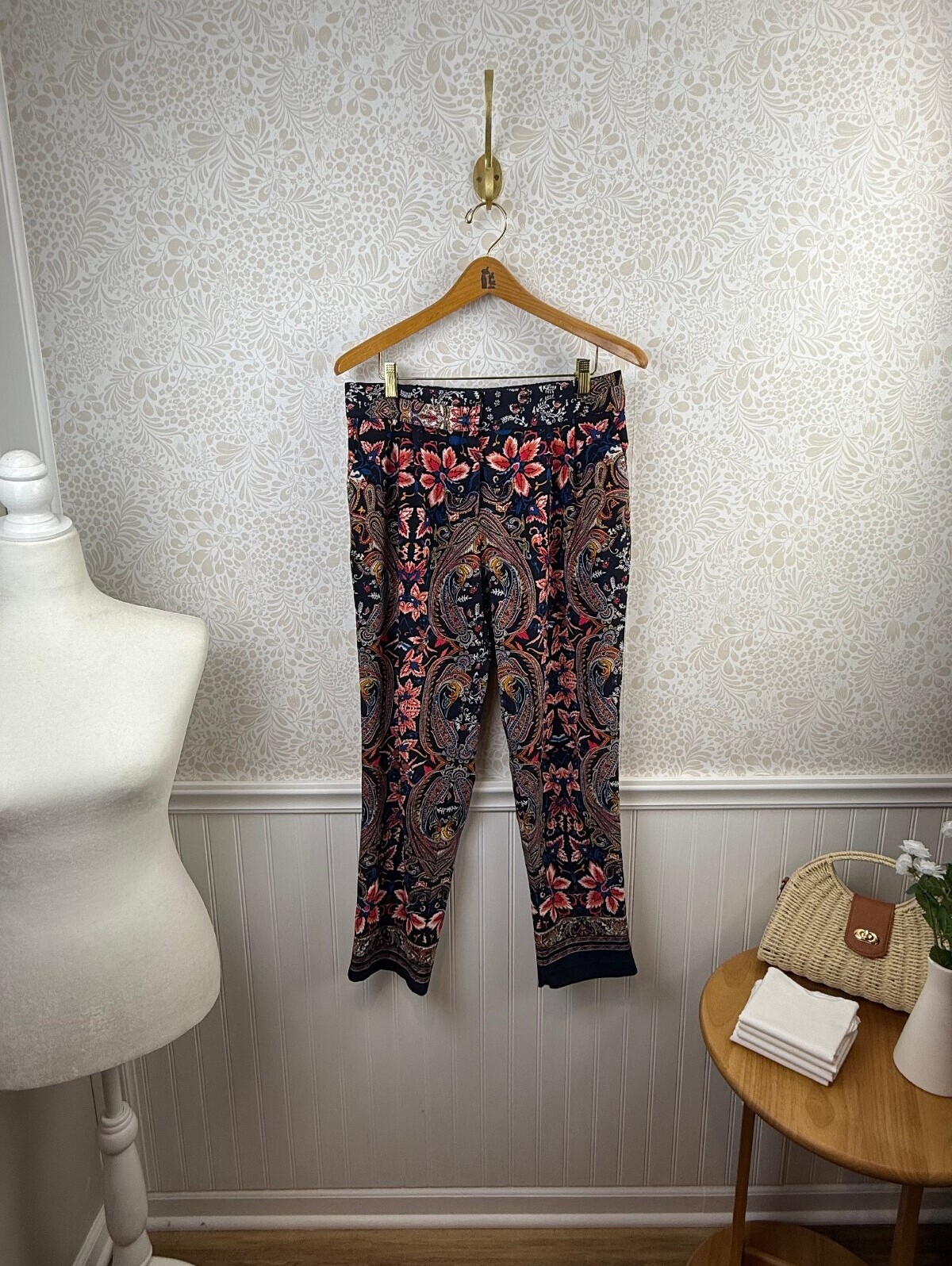 Oasis Floral Navy Paisley Patterned Slim Patterned Pants - Size - 12